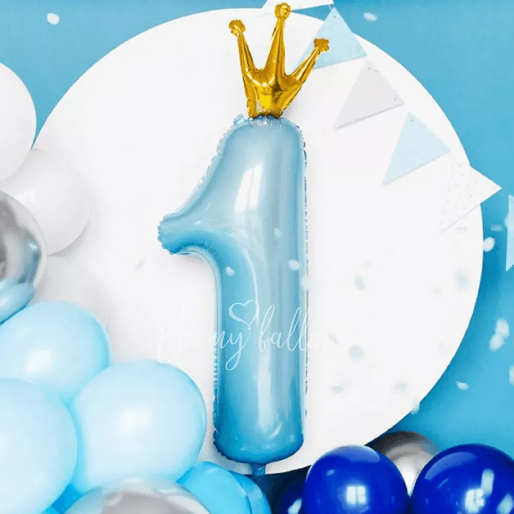 36" Helium foil Blue Crown Number 1 balloon