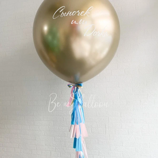Gold gender reveal balloon 36" with confetti or feathers "Son or Daughter?" and blue/pink tassel